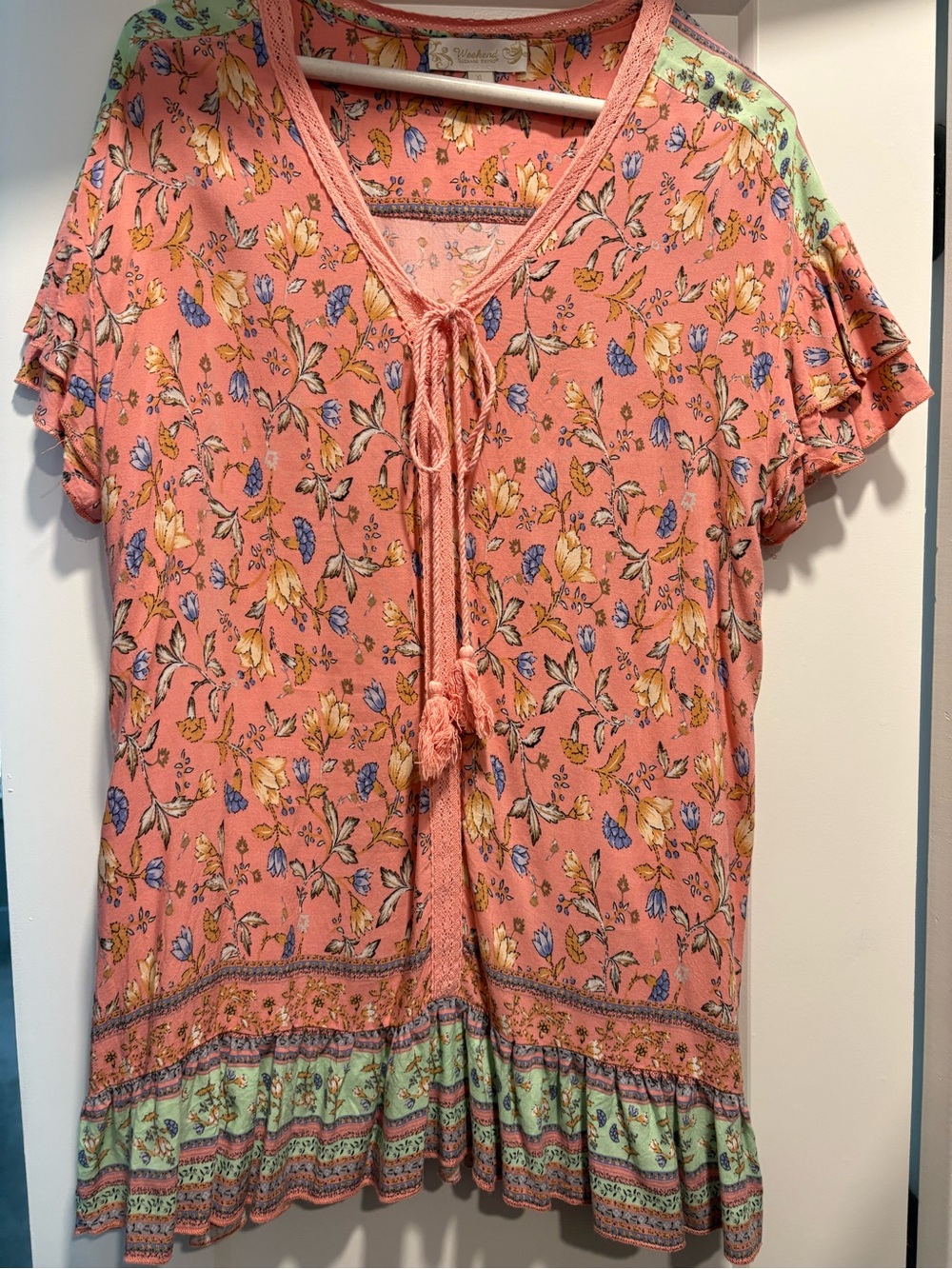 Suzanne Betro Peach Floral Tie-Front Tunic with Mint Trim